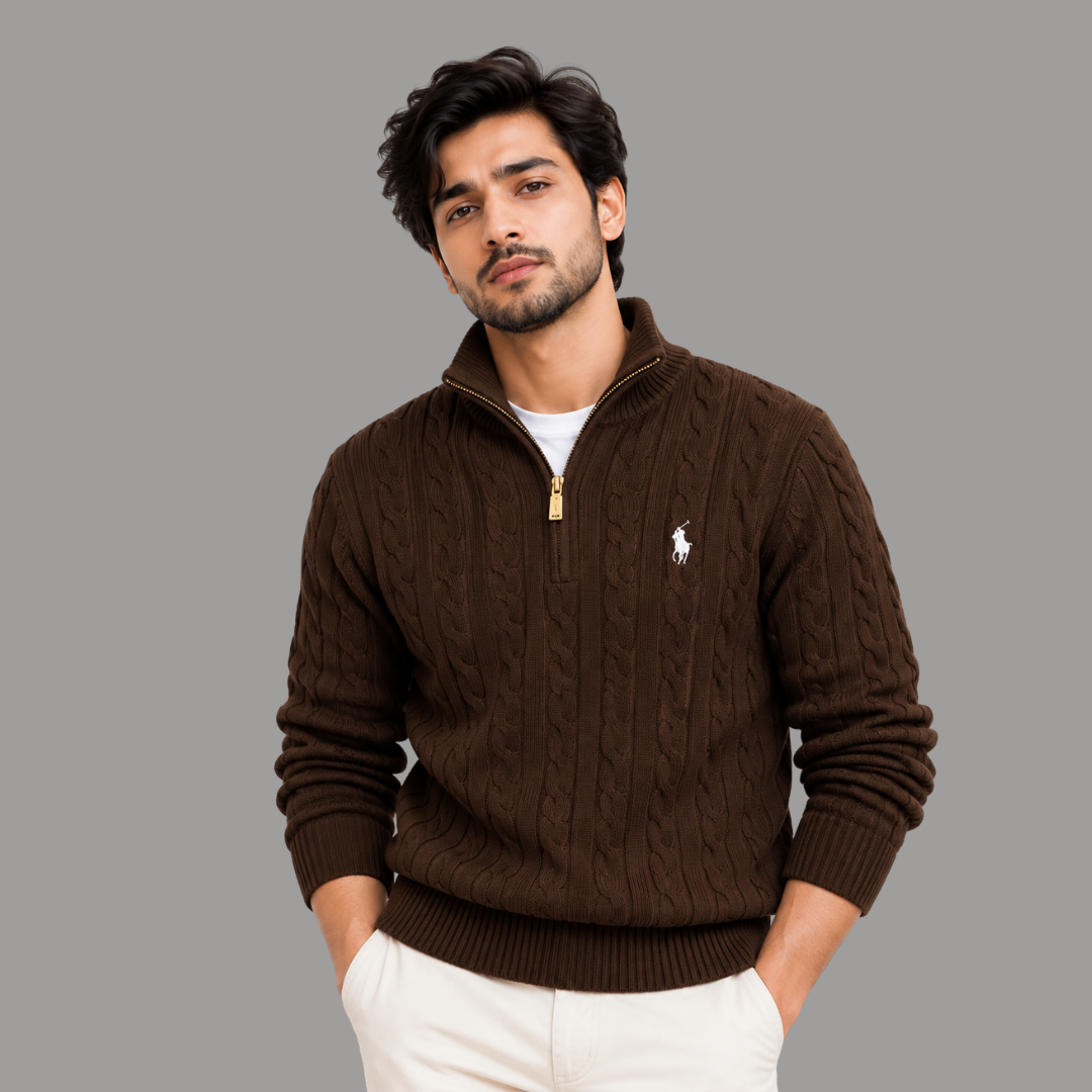 Premium Cable-Knit Half-Zip Sweater - Brown Colour