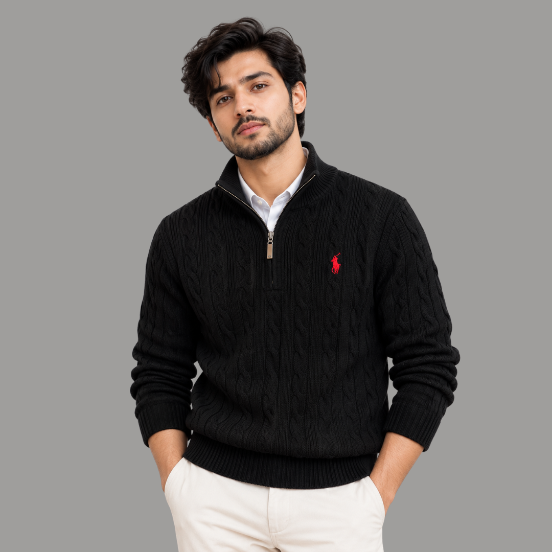 Premium Cable-Knit Half-Zip Sweater - Black Colour