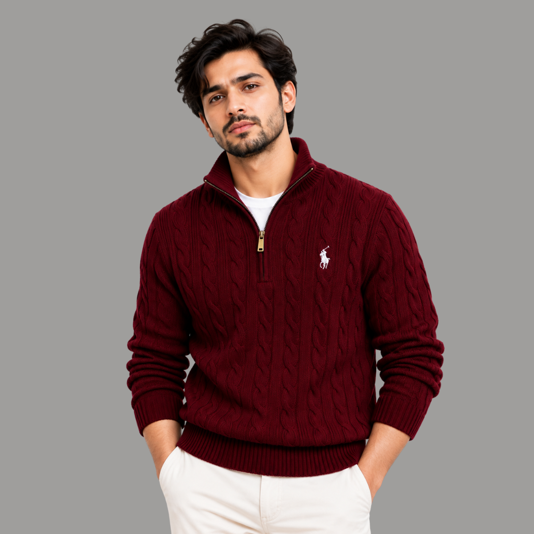 Premium Cable-Knit Half-Zip Sweater - Maroon Colour