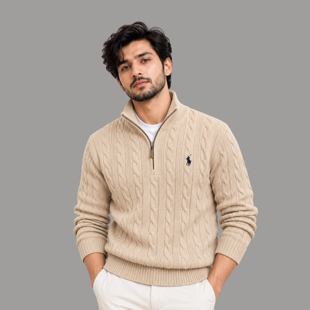 Premium Cable-Knit Half-Zip Sweater - Beige Colour