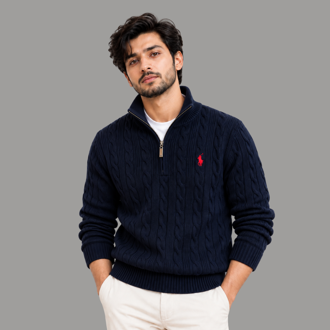 Premium Cable-Knit Half-Zip Sweater - Navy Blue Colour