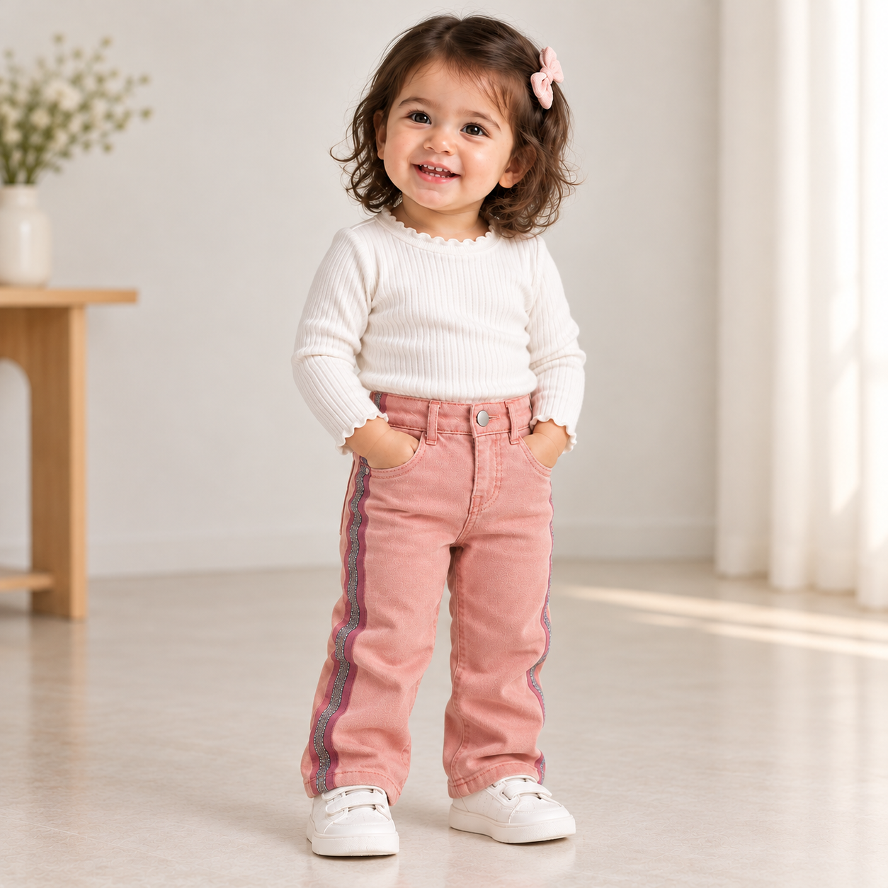 ZARA Baby Girls' Pink Denim Pants – Glitter Side Stripe