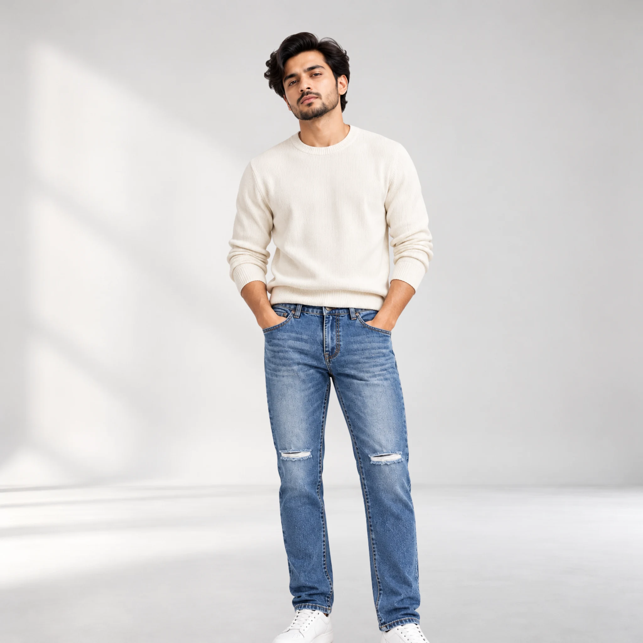 Newport Bay Premium Washed Denim Jeans – Distressed Cuts